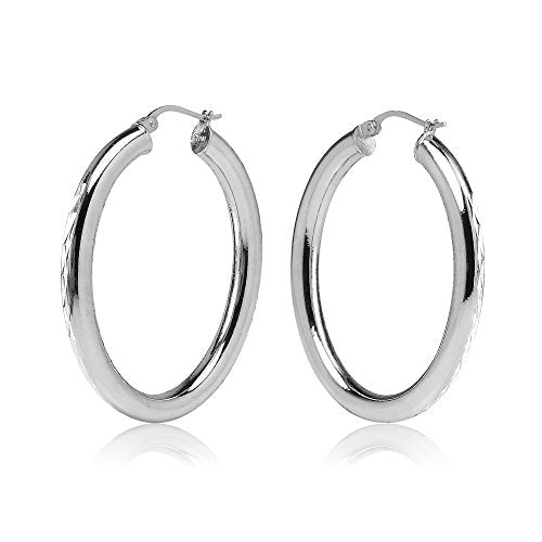 Hoops & Loops 925 Sterling Silver 4mm Thick Oval Diamond-Cut Hoop Earrings, 25mm 30mm, Silver, Yellow Gold, Rose Gold & Black - color: Silver 30mm-1.2''