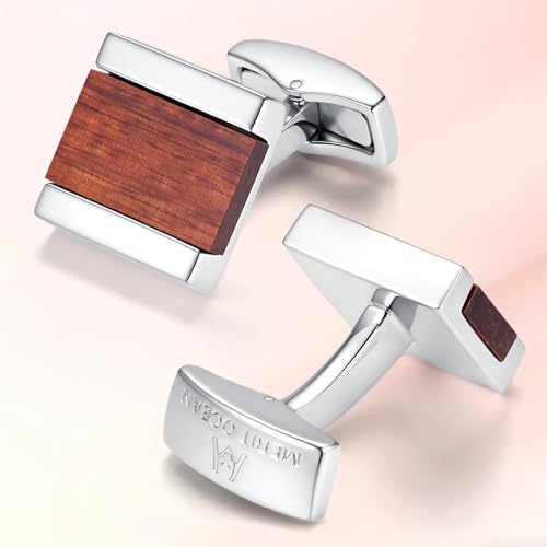 Cuff Links Mens Cufflinks Wood Inlay - Rectangular Brass Cuff Links with Gunmetal Finish, 3-Layer Electroplating, Unique Wood Grain Shirt Accessories for Business Wedding Tuxedo, Durable & Anti-Fade Jewelry Gift - color: Silver/Wood