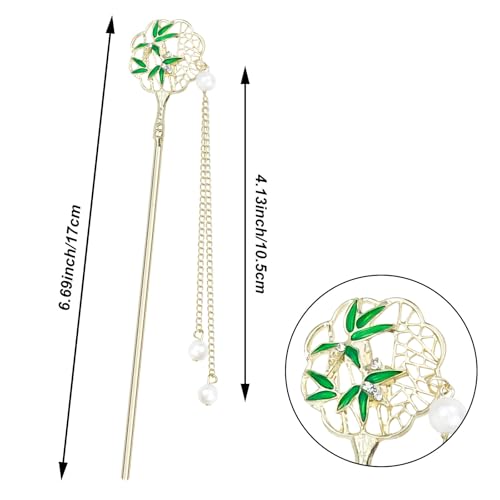 6PCS Chinese Hair Sticks Set, Gold White Japanese Hair Stick with Pearl Flower Bamboo Leaves Design Metal Hair Chopsticks Hair Bun Updo Holders Long Thick Hair Accessories for Women - color: 6pcs Green