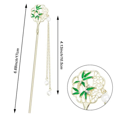 6PCS Chinese Hair Sticks Set, Gold White Japanese Hair Stick with Pearl Flower Bamboo Leaves Design Metal Hair Chopsticks Hair Bun Updo Holders Long Thick Hair Accessories for Women - color: 6pcs Green