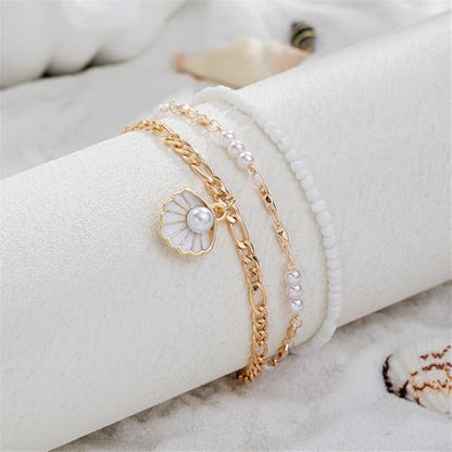 Shell Ankle Bracelet Set for Women,Boho Adjustable Beads Anklet Pack Natural White Shells Stack Stretch Seashell Pearl Starfish Bracelet Set Hawaiian Beach Vacation Foot Jewelry - style: G-Pearl Shell