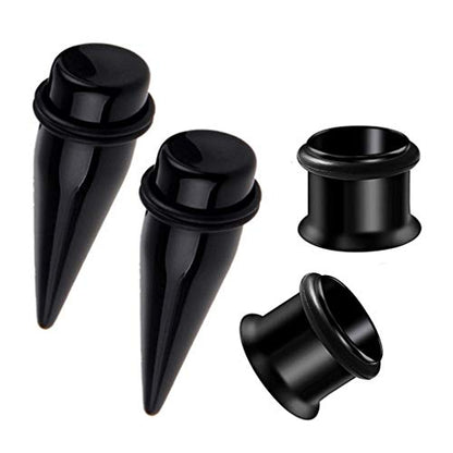 HEKEUOR 1/2" 12mm Black Acrylic Tapers + Stainless Steel Black Single Flare Plugs with O Rings