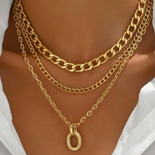 Layered Gold Necklace for Women Boho Turquoise Beaded Chain Set with Long Coin Pendant Trendy Y Necklace for Everyday Jewelry Gifts boho fashion fall fashion jewelry womens fashion - color: D-Minimally designed ins geometric oval pendant thick necklace