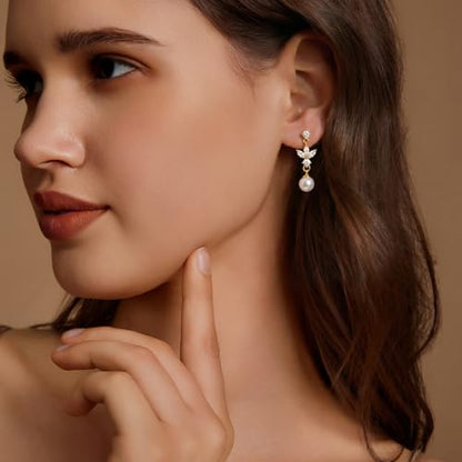 Pearl Earrings for Women 14k Gold/Silver Pearl Drop Earrings Long White Pearl Tassel Dangle Statement Earrings Bridal Wedding Dainty Prom Earrings Birthday Gifts Jewelry - color: Gold CZ Pearl Drop Earrings