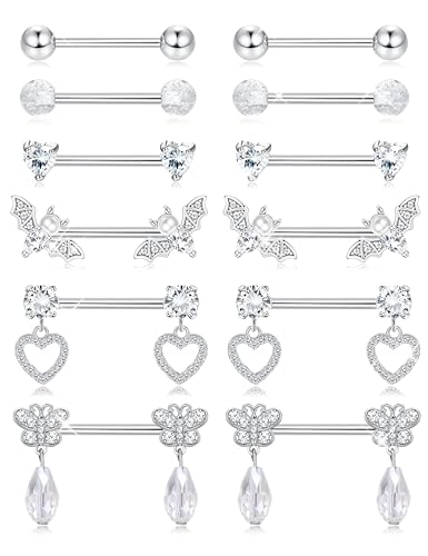 JOERICA 6 Pairs 14G Nipple Rings for Women 316L Stainless Steel Heart Butterfly Moon CZ Flower Barbell Nipple Rings Set Cute Nipplerings Piercing Jewelry - color: Sliver Tone
