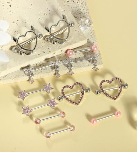 TIANCI FBYJS 6 Pairs 14G Nipple Rings for Women 316L Stainless Steel Heart Bow CZ Flower Barbell Nipple Rings Set Cute Nipplerings Piercing Jewelry - color: pink