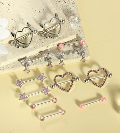 TIANCI FBYJS 6 Pairs 14G Nipple Rings for Women 316L Stainless Steel Heart Bow CZ Flower Barbell Nipple Rings Set Cute Nipplerings Piercing Jewelry - color: pink