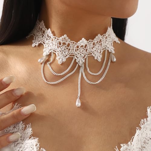 Lace Choker Necklace for Women Gothic Pearl Pendant Necklace Halloween Cosplay Jewelry - color: White Drop