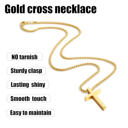 Fiusem Cross Necklace for Men, Stainless Steel Cross Pendant Jewelry Gift | Silver/Gold/Black Mens Cross Necklaces with 2.5mm Cross Chain, Box Chain 16-28 Inch - size: 28.0 Inches, style: Small Golden cross: 1.2" * 0.7"