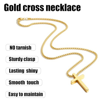 Fiusem Cross Necklace for Men, Stainless Steel Cross Pendant Jewelry Gift | Silver/Gold/Black Mens Cross Necklaces with 2.5mm Cross Chain, Box Chain 16-28 Inch - size: 28.0 Inches, style: Small Golden cross: 1.2" * 0.7"
