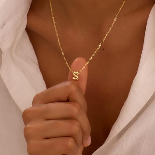 Initial Necklaces for Women Bubble Gold Silver Letter Necklace Dainty Personalized Charm Pendant Name Necklace Cute Non Tarnish Fashion Accessories Teen Gift Trendy Stuff Jewelry Gifts - color: Gold, style: S