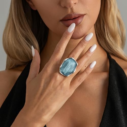 Irregular Large Resin Open Statement Rings for Women Boho Chunky Oval Finger Charm Ring Adjustable Geometric Enamel Teardrop Cocktail Ring Jewelry - color: Blue