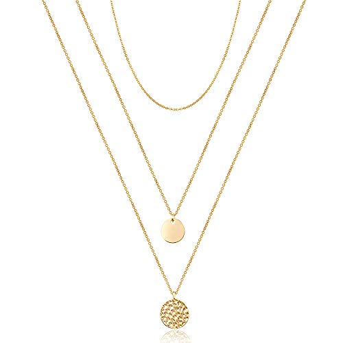 Turandoss Dainty Layered Choker Necklace, Handmade Y Pendant Necklace Multilayer Bar Disc Necklace Adjustable Layering Choker Necklaces for Women - style: 3PCS - Chain&Disc&Hammered Disc