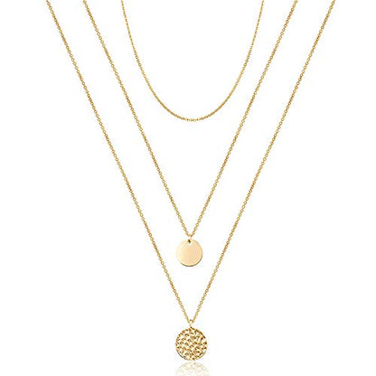 Turandoss Dainty Layered Choker Necklace, Handmade Y Pendant Necklace Multilayer Bar Disc Necklace Adjustable Layering Choker Necklaces for Women - style: 3PCS - Chain&Disc&Hammered Disc