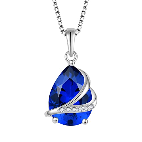 Birthstone Pendant Necklace 925 Sterling Silver Teardrop Jewelry for Women - color: Royal Blue