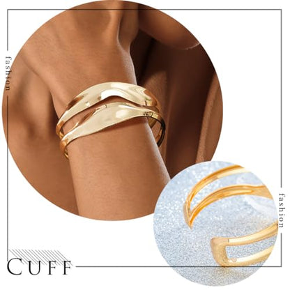 Gold Cuff Bracelets for Women Wide Open Cuff Bracelet Hollow Geometric Cuff Bracelet Chunky Open Bangle for Party