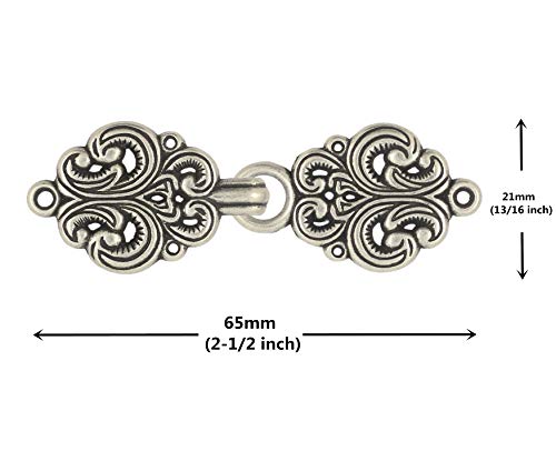 bezelry 6 Pairs Rococo Swirl Flower Cape or Cloak Clasp Fasteners. Sew On Hooks and Eyes Cardigan Clip. 65mm Fastened. - color: Antique Silver