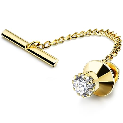 HAWSON Mens Tie Tack with Chain Round Crystal Wedding Business Accessories - color: Gold + Crystal