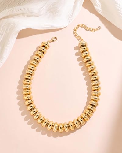 Chunky Beaded Necklace for Women Boho Statement Bead Necklace Adjustable Choker with Polished Disc/Square Beads Trendy Summer Beach Jewelry Gifts - color: Gold