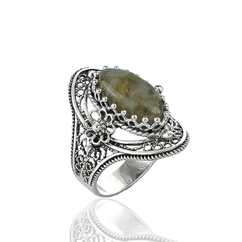 Filigranist 925 Sterling Silver Handcrafted Filigree Art Flower Pattern Woman Oval Statement Ring, Gift Boxed - color: Labradorite