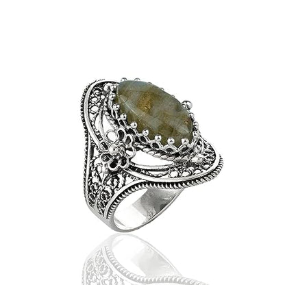 Filigranist 925 Sterling Silver Handcrafted Filigree Art Flower Pattern Woman Oval Statement Ring, Gift Boxed - color: Labradorite