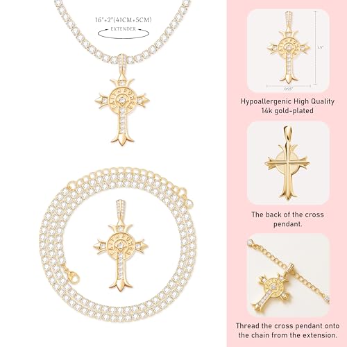 Luxval Tennis Necklace 14K Gold Plated Rhinestone Butterfly Choker Necklaces for women Dainty Zirconia Cut Faux Diamond chain 3mm - color: Gold-Cross charm tennis