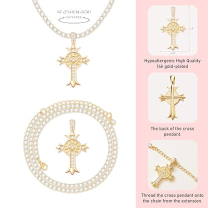 Luxval Tennis Necklace 14K Gold Plated Rhinestone Butterfly Choker Necklaces for women Dainty Zirconia Cut Faux Diamond chain 3mm - color: Gold-Cross charm tennis