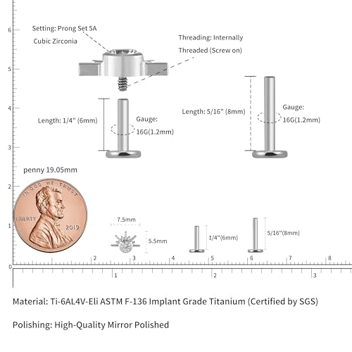 FINE4U 1PC ASTM F136 Titanium 16G Flatback Stud for Tragus, Helix, Conch 6mm 8mm - Screw on Cartilage Earring Piercing Jewelry - color: Sun CZ - Tit