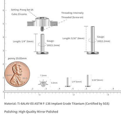 FINE4U 1PC ASTM F136 Titanium 16G Flatback Stud for Tragus, Helix, Conch 6mm 8mm - Screw on Cartilage Earring Piercing Jewelry - color: Sun CZ - Tit