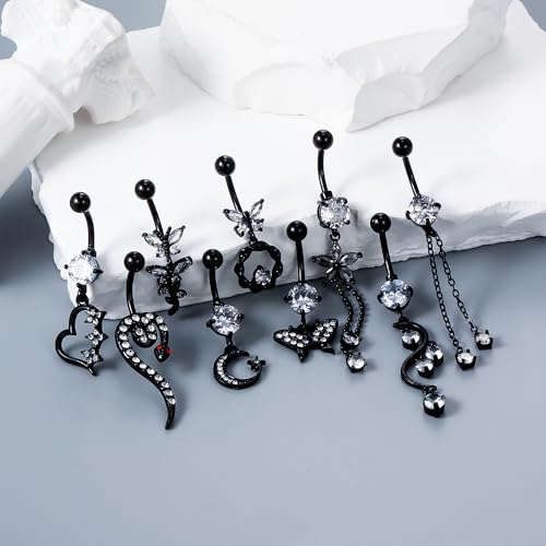 Vsnnsns 14G Dangle Belly Button Ring Piercing Jewelry 316L Stainless Surgical Steel Snake Heart Butterfly Flower Diamond CZ Navel Rings Dangling Belly Button Ring Piercing Jewelry for Women 14 Gauge - color: Black Tone