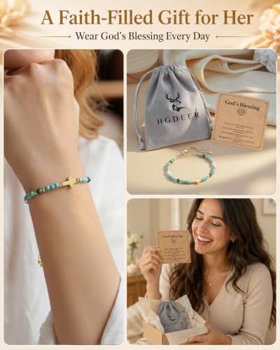 HGDEER God's Blessing Cross Bracelet for Women & Teens, Christian Gift | 14K Gold Plated, Natural Malachite & Turquoise Beads, Secure Adjustable Bolo Clasp, Hypoallergenic, Gift for Women & Teens - color: Multi-Green