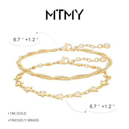 Gold Chain Bracelet for Women, 14K Gold Plated | Dainty Bracelets with Adjustable Chain, Trendy Jewelry Gift for Women - style: layer-star wave