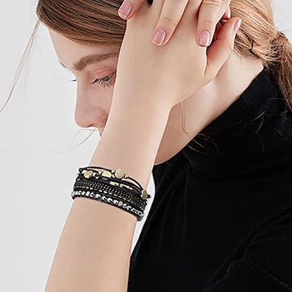 Wowanoo 3Pack Leather Cuff Bracelet Set Multilayer Wrap Bracelet Crystal Feather Tree Bracelet Magnetic Clasp Bracelet for Women - color: Leopard Black