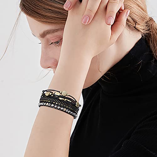 Wowanoo 3Pack Leather Cuff Bracelet Set Multilayer Wrap Bracelet Crystal Feather Tree Bracelet Magnetic Clasp Bracelet for Women - color: Leopard Black