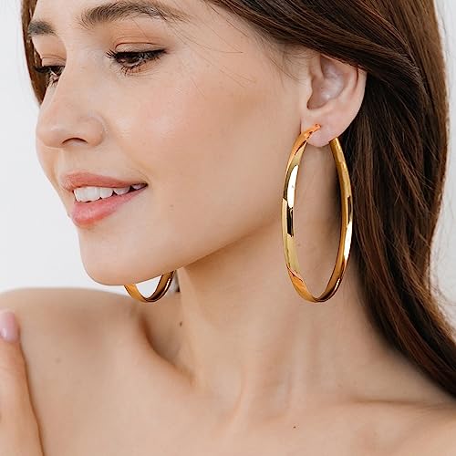 EXGOX 5mm Wide Gold Hoop Earrings for Women,Sterling Silver Hoop Earrings Large Silver Hoop Earrings Hypoallergenic Lightweight 14K Real Gold Plated Big Hoop Earrings for Women 30/40/50/60/70mm - color: Gold Color/70MM