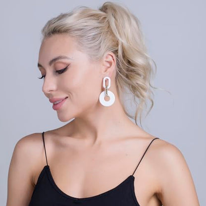RUOFFETA Acrylic Rectangle Earrings, Fashion Acrylic Square/Oval/Hoop Statement Drop Earrings for Women - color: White Round