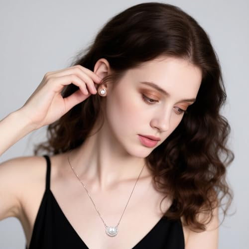 YAMI Pearl Jewelry Set for Women, Natural Cultured Pearl Necklace&Earrings | 11-12mm Pearl, 925 Sterling Silver with 5A Cubic Zirconia, Wedding Jewelry Sets, Valentine's Day/Mother's Day/Christmas Gift - color: White