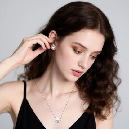 YAMI Pearl Jewelry Set for Women, Natural Cultured Pearl Necklace&Earrings | 11-12mm Pearl, 925 Sterling Silver with 5A Cubic Zirconia, Wedding Jewelry Sets, Valentine's Day/Mother's Day/Christmas Gift - color: White