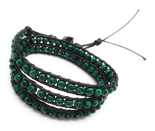 Handmade Alloy Leather Natural Stone Bead Statement Bracelet Bangle Cuff Rope 3 Wrap Adjustable Jewelry Collection - color: Synthetic Malachite & Black Leather Cord