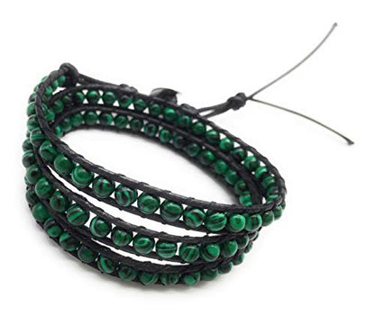 Handmade Alloy Leather Natural Stone Bead Statement Bracelet Bangle Cuff Rope 3 Wrap Adjustable Jewelry Collection - color: Synthetic Malachite & Black Leather Cord