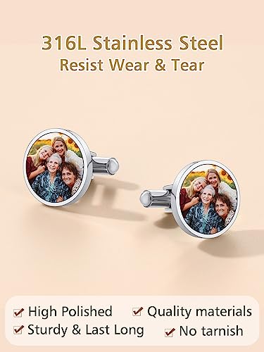 FindChic Stainless Steel Round Cufflinks with Custom Text/Picture/Monogram Letters 18K Gold Plated/Black Color for Men Groom Suits Shirts, with Gift Box - style: 02. custom photo-round (stainless steel)