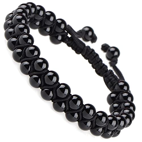MASSIVE BEADS Double Layer Natural Chakra Healing Power Crystals Macrame Bracelet Yoga Stone Beads Gemstone Meditation Relax Anxiety Bangle for Unisex Women Men - color: Black Onyx, size: 6mm