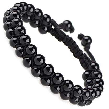 MASSIVE BEADS Double Layer Natural Chakra Healing Power Crystals Macrame Bracelet Yoga Stone Beads Gemstone Meditation Relax Anxiety Bangle for Unisex Women Men - color: Black Onyx, size: 6mm