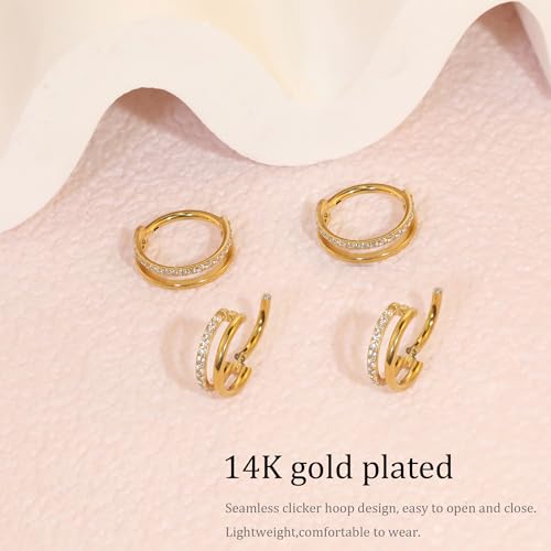 Cartilage Helix Conch Piercing Jewelry Gold Hoop Women Earrings | 2pcs, Huggie, Made of Stainless Steel, 14k Gold Plated, Hypoallergenic, Sparkly Cubic Zircon, Double Hoop design - color: Zircon Gold, size: 2pcs-16g-8/10mm