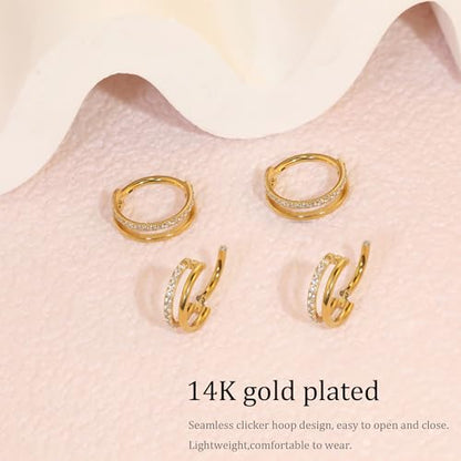 Cartilage Helix Conch Piercing Jewelry Gold Hoop Women Earrings | 2pcs, Huggie, Made of Stainless Steel, 14k Gold Plated, Hypoallergenic, Sparkly Cubic Zircon, Double Hoop design - color: Zircon Gold, size: 2pcs-16g-8/10mm