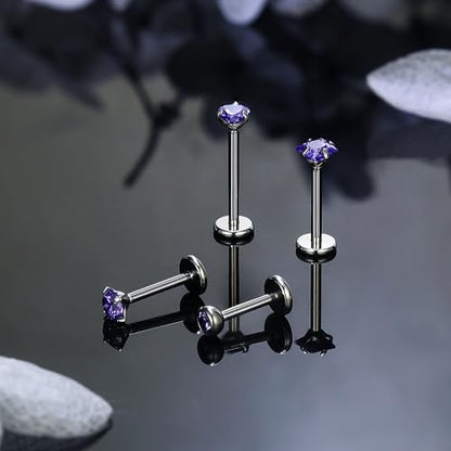 Titanium Flat Back Lip Rings Internally Threaded Earrings Studs Nose Rings 20G 18G 16G Round Heart Square CZ Tragus Cartilage Lobe Rook Helix Conch Labret Medusa Piercing Jewelry for Women Men - color: Purple CZ, size: 16G-6/8/10mm