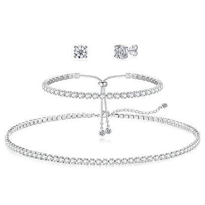 HAXIYA Tennis Necklace Bracelet for Women, Sterling Sliver Jewelry Set, Silver/Gold Chocker Necklace, Crystal Bracelet for Women, Wedding Jewelry for Bride, Sparkly Party Prom Hypoallergenic - color: Classic Set of 3 - Silver