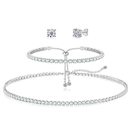 Luxval Tennis Necklace Set for Women Tennis Bracelets Diamond Earrings Sterling Silver Necklace Wedding Jewelry for Bride Silver Jewelry Sets for Women Gift - color: Silver-cz stud tennis set