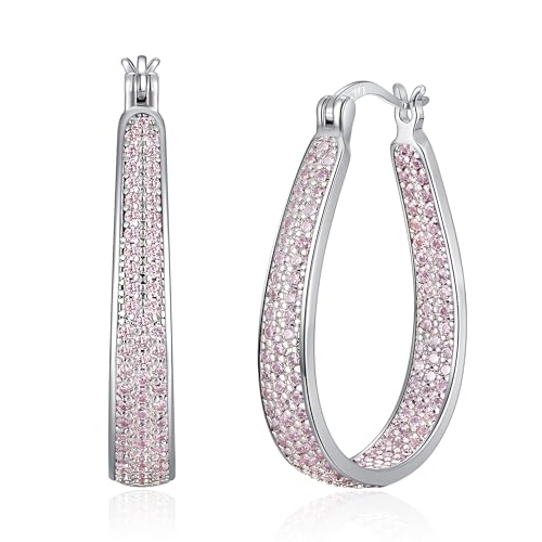 925 Sterling Silver Post Hoop Earrings for Women Gilrs Multcolors Cubic Zircon Hoops 14K Gold Plated Oval Chunky Hoop Earrings Jewelry Gift for Mothers Day/July 4th/Wedding/Party/Christmas - color: Light Pink