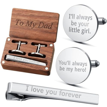 Colingmill Father of the Bride Gift Dad of the Bridegroom Cufflinks Tie Clip Set with Engraved Wood Gift Box for Dad - style: Father of the Bride,Hero